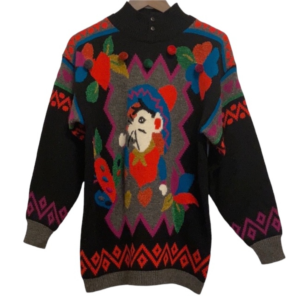 Vintage Mariachi Mouse Pom Pom Fair Isle Sweater Size Medium